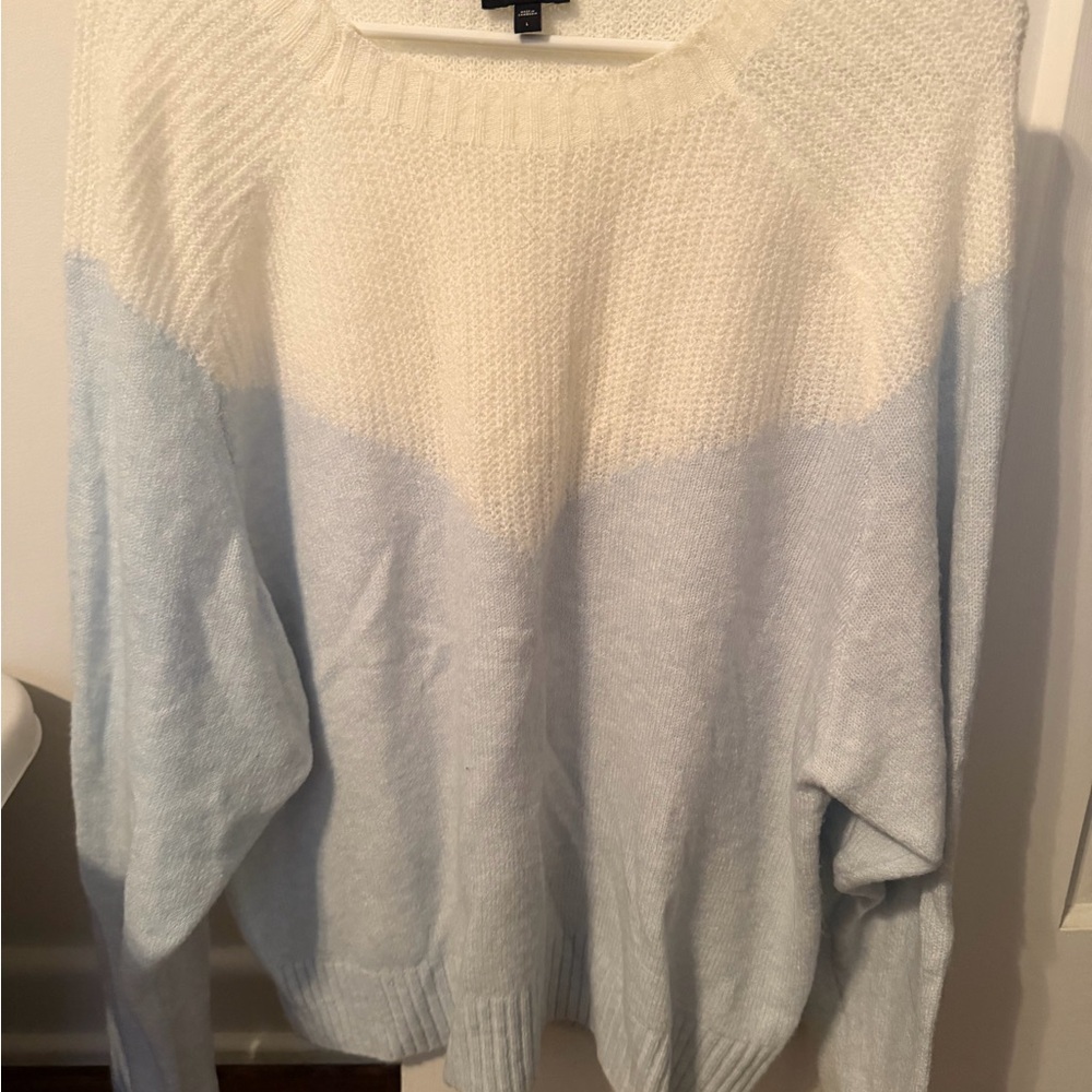 Express Cream and Light Blue Colorblock Crewneck Sweater